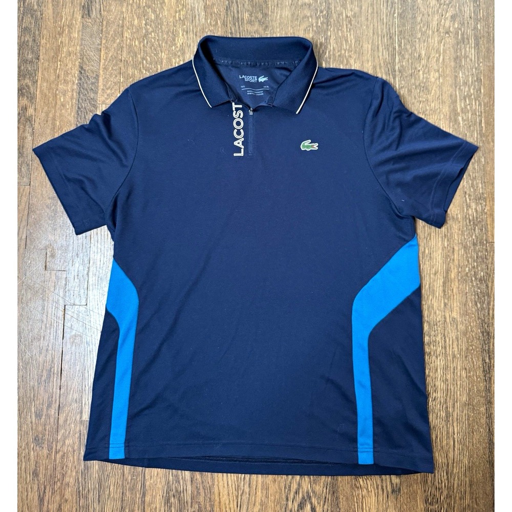 Lacoste Sport Mens US XL Blue Colorblock Zip Neck Polo Shirt Logo Golf Tennis SS